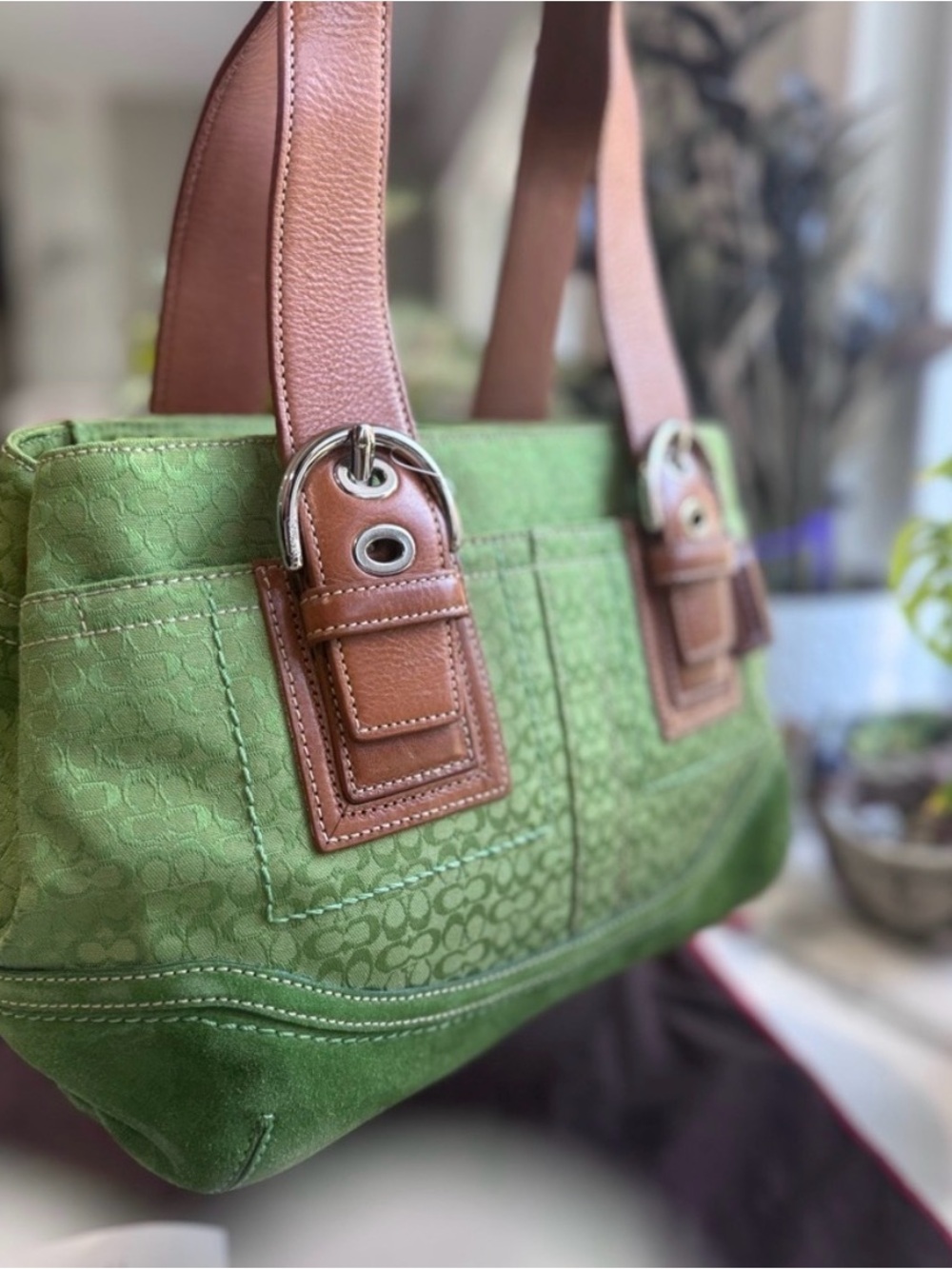 Coach Signature & Suede Green Satchel + 🍉 Coach Watermelon Coin Purse + 💯 Scarf - Picture 2 of 12